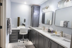 modern bathroom remodel featuring custom countertops and vanity