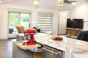 kitchen island with built in hidden KitchenAid mixer platform