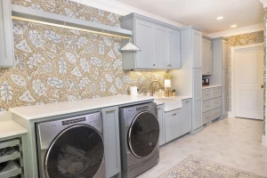 laundry room remodel with custom wallpaper