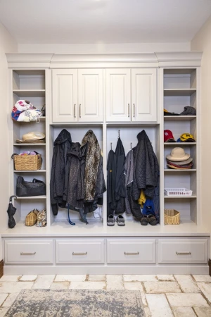 mudroom remodel with built-in shelving