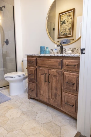 bathroom remodel with hexagonal flooring